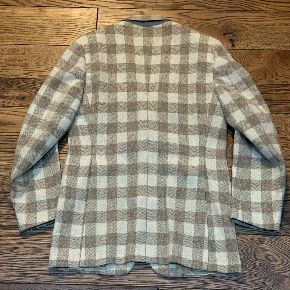Vintage Topman 3pc.‎ Tan & Cream Buffalo Plaid Wool Suit Size Medium-ish C35